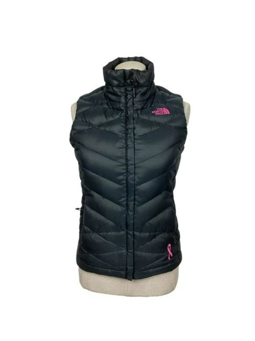North Face Aconcagua Womens Puffer Vest XS Black Pink Ribbon High Neck